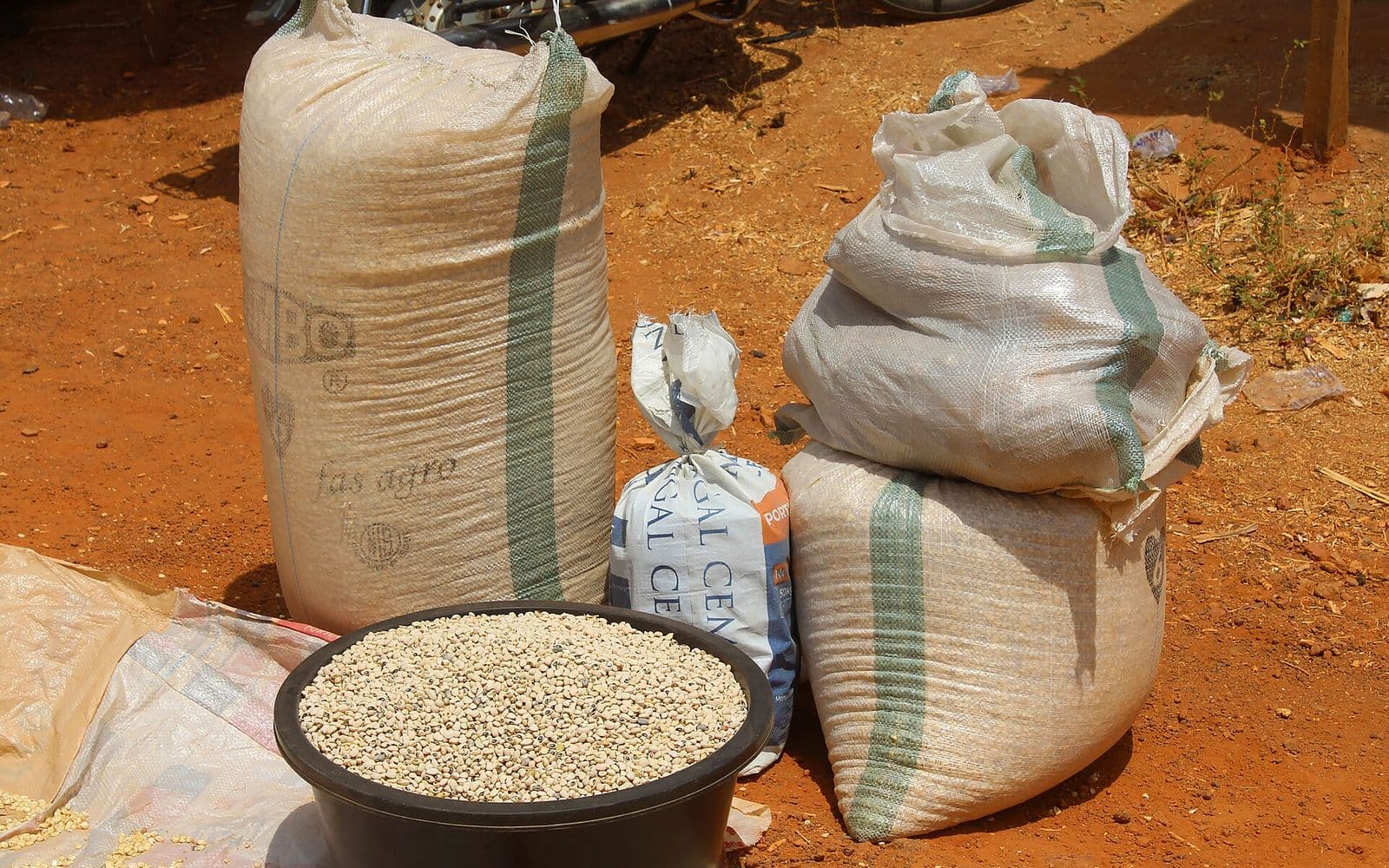 Bagged agricultural commodities displayed at a market.